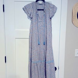 CALISTA women’s size M blue floral dress with ruffle sleeves and tassel detail